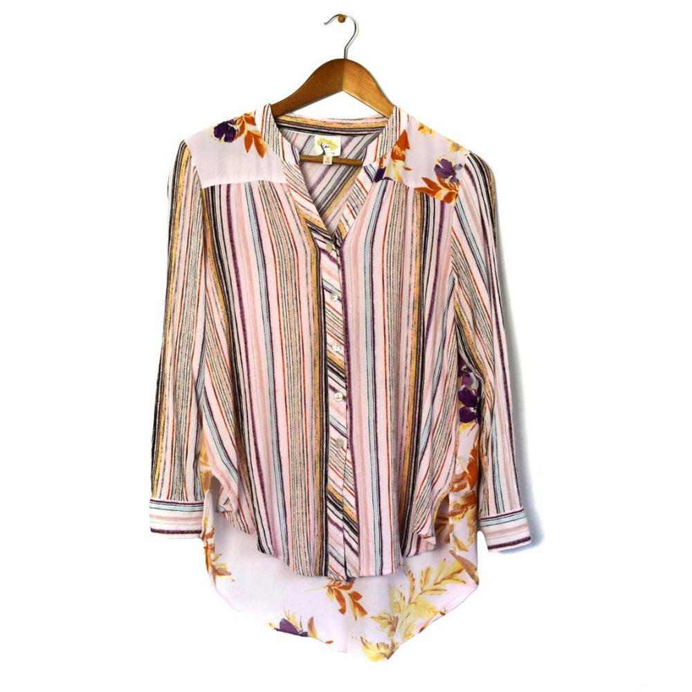Anthropologie Fig & Flower Mixed Print Long Sleeve Button Up Blouse Size Small